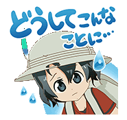 a cartoon of a boy wearing a hat and a backpack with japanese writing behind him .