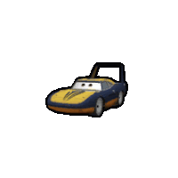 a blue and yellow toy car with a white face on a white background