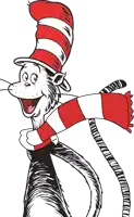 a cat in the hat with a red and white scarf around his neck