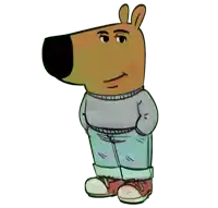 a cartoon drawing of a brown bear wearing a grey sweater and blue jeans