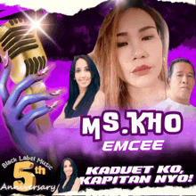 a poster for ms. kho emcee with a woman holding a microphone