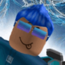 a roblox character wearing sunglasses and a blue hat