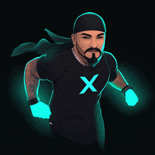 a man with a beard wearing a black shirt with a blue x on it