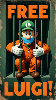 a poster that says free luigi with a cartoon character in a jail cell