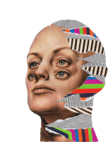 a collage of a woman 's head with a striped pattern on it