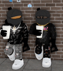 two roblox characters standing next to each other holding cups of coffee