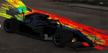 a computer generated image of a black race car with red and blue lines coming out of it