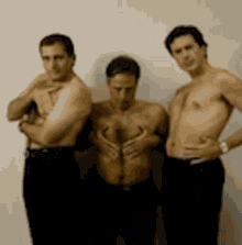 three men without shirts are posing for a picture together