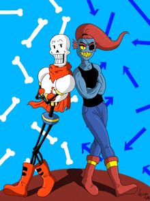 a drawing of a skeleton and a woman with arrows pointing down