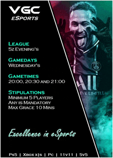 an advertisement for vgc esports shows a soccer player with his tongue out