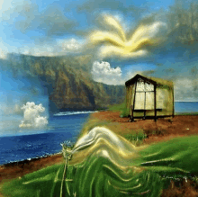 a painting of a house with the word rain on the side