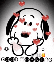 a picture of snoopy with hearts around him and the words good morning