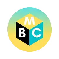 a yellow circle with a black cube with the letters mbc on it