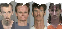 a collage of four mug shots of a man and a woman with speech bubbles above them