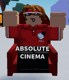 a cartoon character is sitting in a red chair with the words absolute cinema written on it