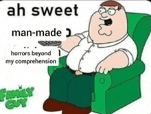 a cartoon of peter griffin sitting in a green chair with a remote control .