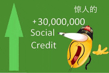 a cartoon smiley face is pointing up with a green arrow and the words `` + 30,000,000 social credit '' .