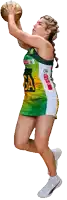 a female basketball player wearing a green white and yellow uniform with spar on the front