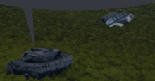 a tank and a plane are flying through a field