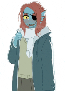 a drawing of a girl with red hair wearing a scarf and a jacket .