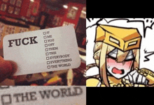 a person is holding a business card that says `` fuck the world '' next to a picture of a girl with a hat on .