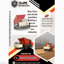 a flyer for snpc machines that says buy your own brick machine and be a pro in construction industry