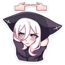 a sticker of a girl with a cat ear and two hands pointing at her head