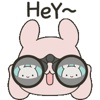 a cartoon rabbit wearing binoculars with the word hey below it