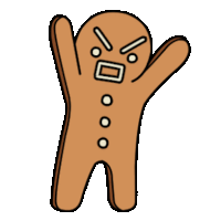 a gingerbread man with his arms outstretched and an angry look on his face