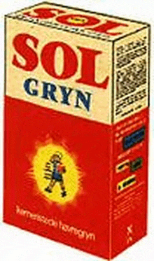 a red and yellow box of sol gryn with a picture of a man on it