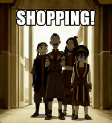 a group of cartoon characters standing next to each other in a hallway with the words shopping in the background .