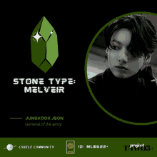 a poster with a picture of jungkook jeon and the words stone type melvair