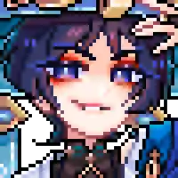 a pixel art of a girl with blue hair and red eyes