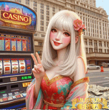 a girl giving a peace sign in front of a slot machine that says casino on it