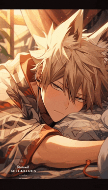 a boy with fox ears is laying down on a bed with his eyes closed