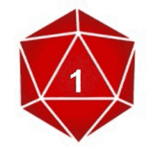 a red d20 dice with the number one on it .