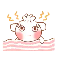 a cartoon drawing of a sheep with red eyes laying on a striped blanket