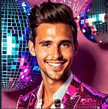 a man wearing a pink suit is smiling in front of disco balls