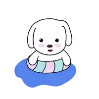 a cartoon drawing of a white dog floating in a pool