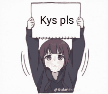 a cartoon girl is holding a sign that says kys pls