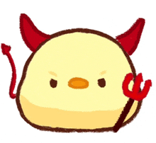 a yellow cartoon chicken with red horns and a trident