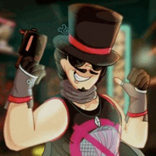 a cartoon character wearing a top hat , sunglasses , and gloves is holding a gun .