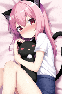 a girl with pink hair and black cat ears holds a black cat