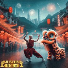 a poster for museum bola shows a monk dancing with a lion