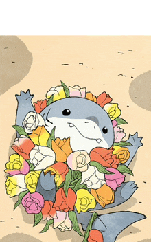 a cartoon of a shark holding a bunch of flowers