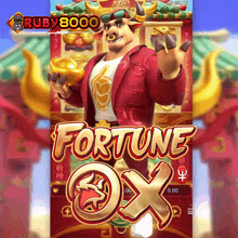 a game called fortune ox has a bull in a red jacket