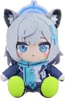 a stuffed animal with a blue scarf around her neck has a badge that says ' a ' on it