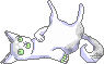 a pixel art drawing of a cat laying on its back .