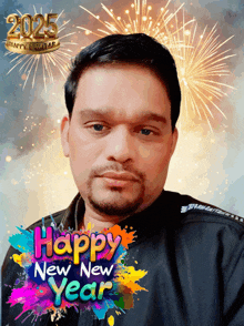 a man with a happy new year greeting behind him