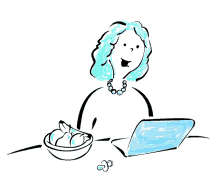 a black and white drawing of a woman sitting at a table with a laptop and a bowl of food